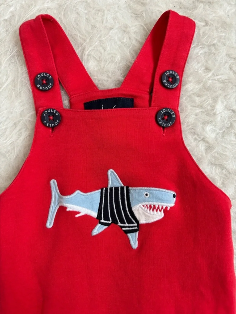 Joules Baby Bright Red Overalls with Nautical Shark Appliqué